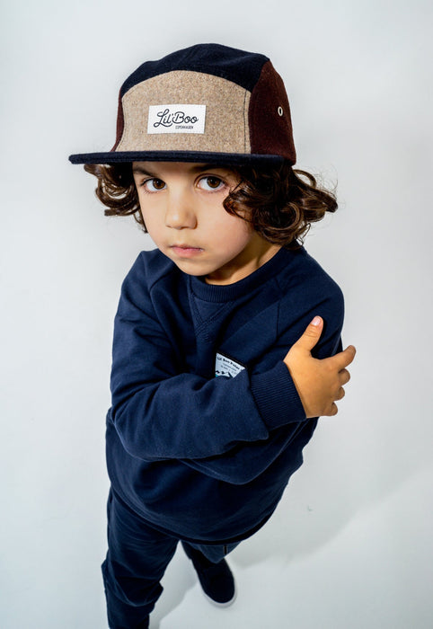 Cap, lana de bloque 5 panel-marrón (tamaño M, 1,5-3 años)