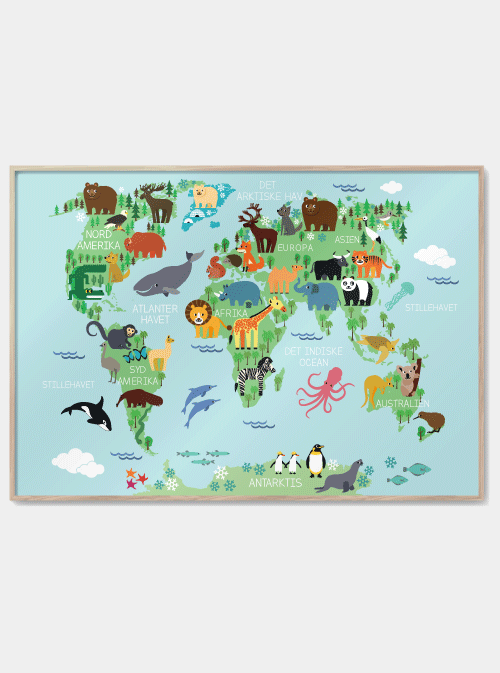 Mapa mundial con póster de animales, M (50x70, B2)